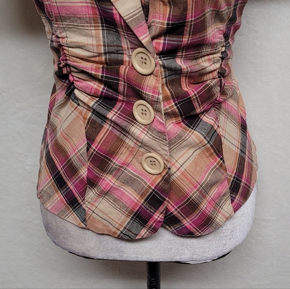 Rare Vintage 90s Rue21 Madras Plaid Stretchy Puff Sleeve Cropped Blazer Jacket - Picture 6 of 14